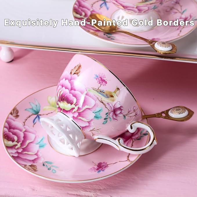 Bone China Cup & Saucer Set, Vintage Ceramic Coffee Cup with Gold Trim, Porcelain Floral Tea Cup with Saucer Spoon, Dishwasher Safe, Food Grade Coffee Mug for Tea Party, Gifts Giving, 6.8 oz