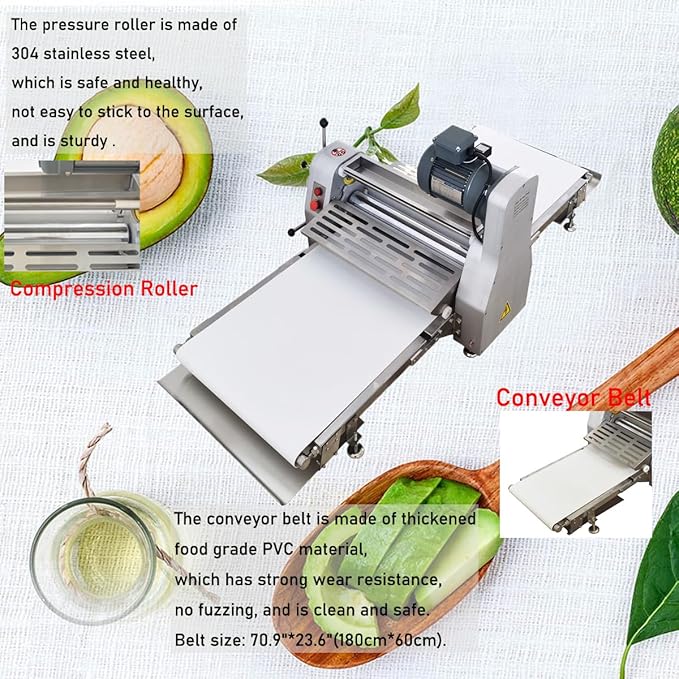Commercial Dough Sheeter, Reversible Roller Dough Press Machine, Commercial Danish Pastry Machine Bread, egg tarts, pizza, Belt size: 70.9"*23.6", 110V