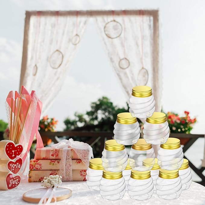 Suclain 25 Pcs 4 oz Mini Honey Jars Party Favors in Bulk Honeycomb Plastic Jars with Gold Lids Wide Mouth Canning Small Containers for Wedding Favors, Baby Shower DIY Gift Jelly Herb Jams Candy