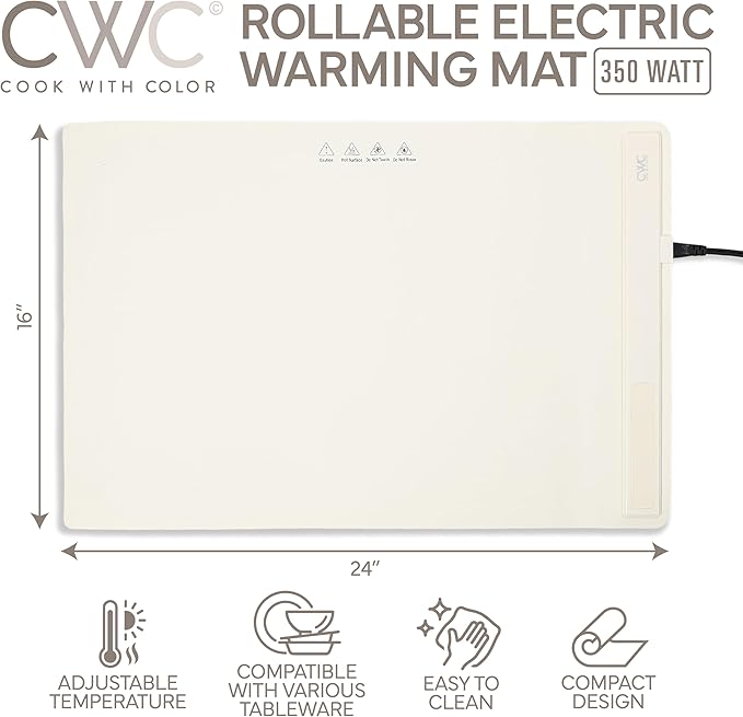 COOK WITH COLOR 350W Electric Food Warming Mat - Portable Food Warmer Tray with Adjustable Temperature, Fast 60-Second Heating, Auto Shut-Off, Rollable Silicone Pad for Parties & Everyday Use, Cream