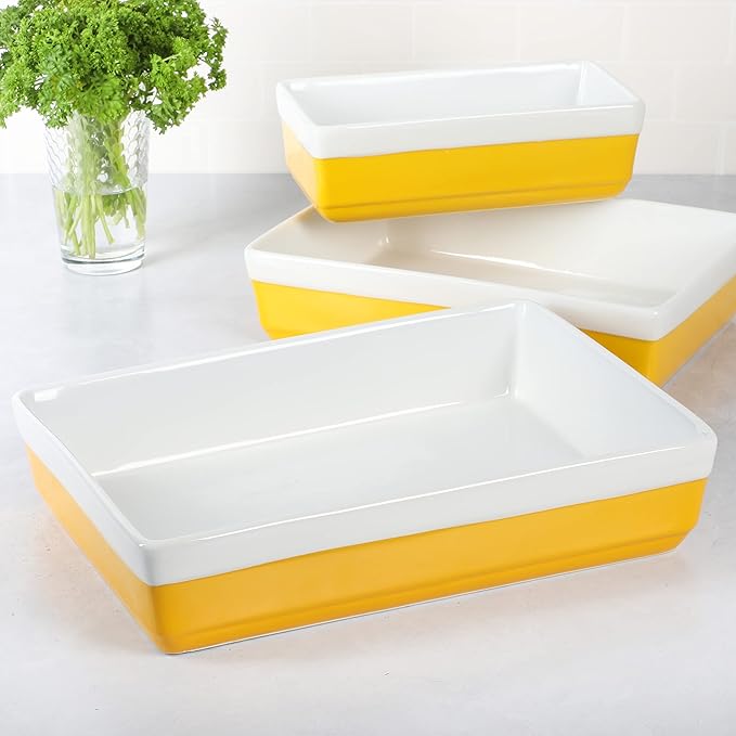 MARTHA STEWART 3-Piece Oven to Table Stoneware Bakeware Set – Baking Dish & Casserole Set – Yellow – Durable Oven-Safe Bakeware for Baking and Serving
