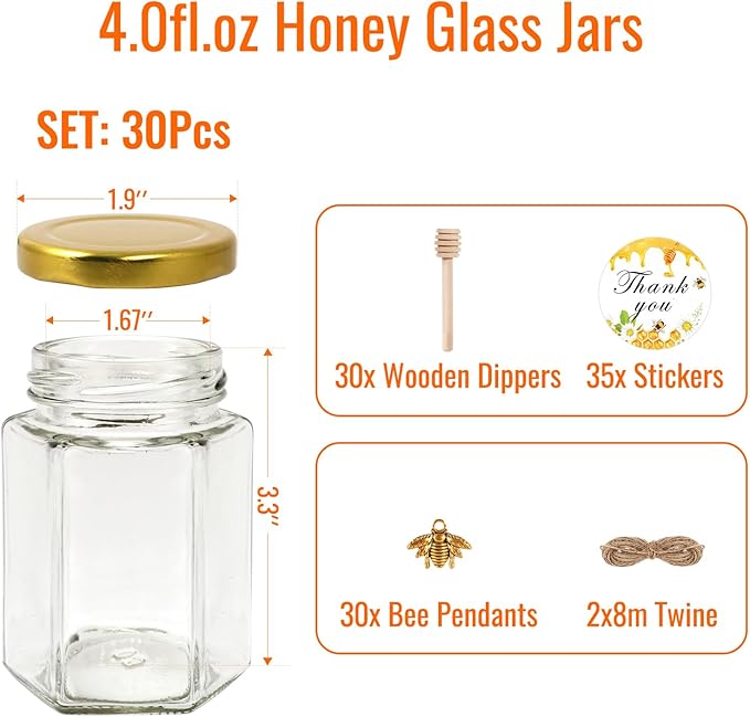 BIGIVACA 4 oz Hexagon Mini Glass Honey Jars with Wood Dippers,30 Pack Small Honey Jars with Gold Lids,Bee Pendants,Jutes,35 Bee Stickers,Perfect for Baby Shower,Wedding Favors,Party Favors