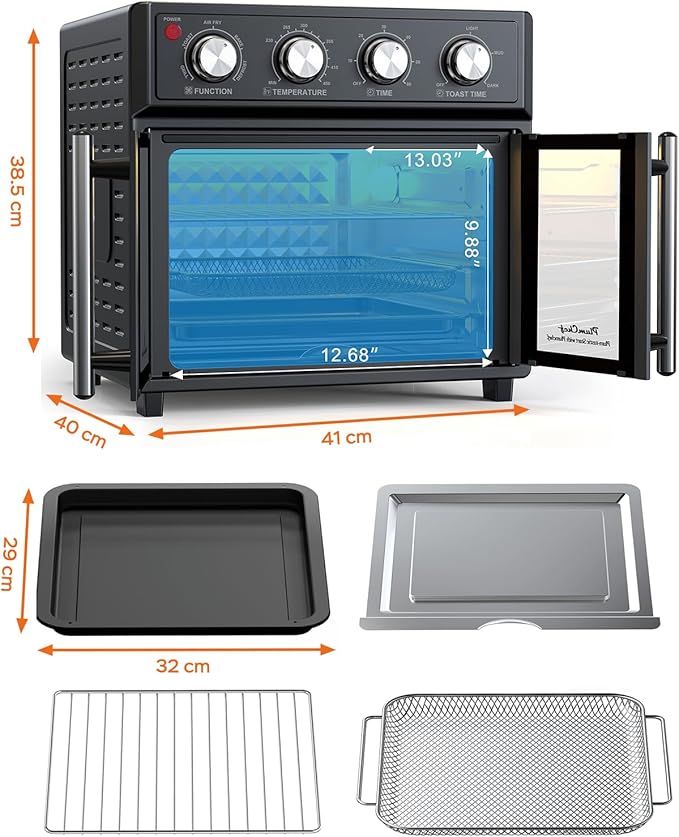 PlumChef 29.5QT Large capacity French Double-Door Air Fryer Convection Toaster Oven,1700W, 7 Preset Menus, 7-in-1 Multi-Function for Bake, Roast, Grill, Toast, Dehydrate& Defrost,Stainless Steel,Black