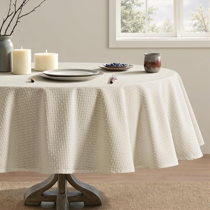 MIULEE Natural Beige Linen Cotton Table Cloth Round Tablecloth Spring Waterproof Spillproof Cross-Star Textured Table Cltoth Decorative Farmhouse Style for Dining Party Weddings 60 Inch