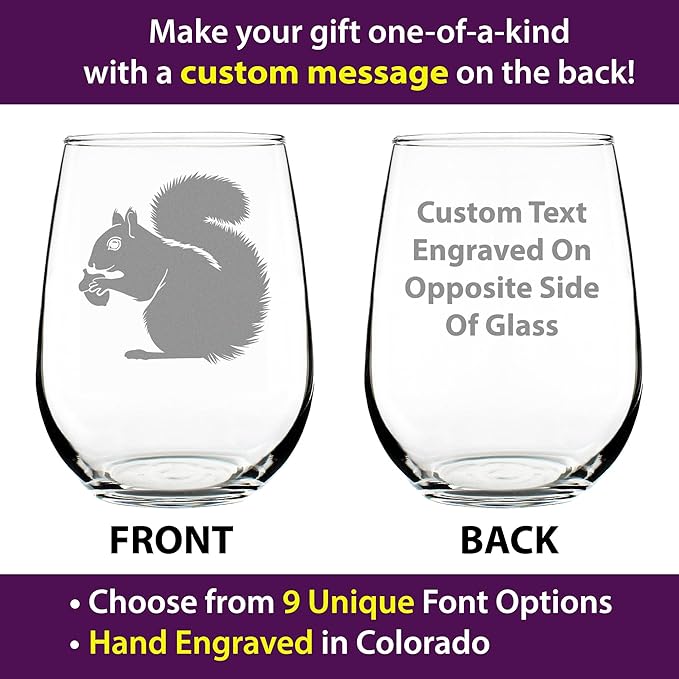 Custom Squirrel Personalized Stemless Wine Glass - Squirrel Gifts and Decor with Squirrels - Large 17 Oz Glasses - Customized Wine Glass Gift