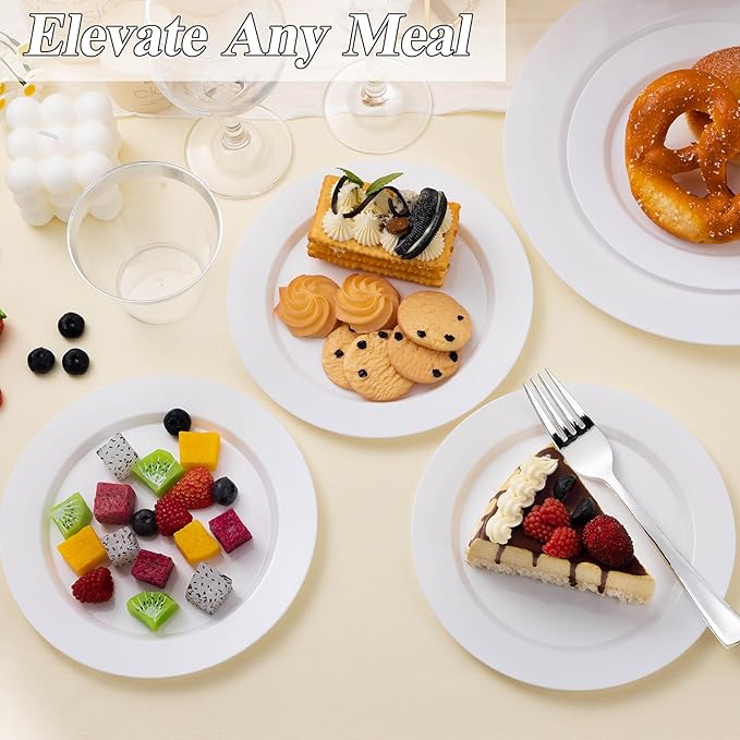 BESTSTAR 100PCS White Plastic Plates Set, 50 10.25 inch Dinner Plate and 50 7.5 inch Dessert Plates, Premium Disposable Plates for Party, Wedding