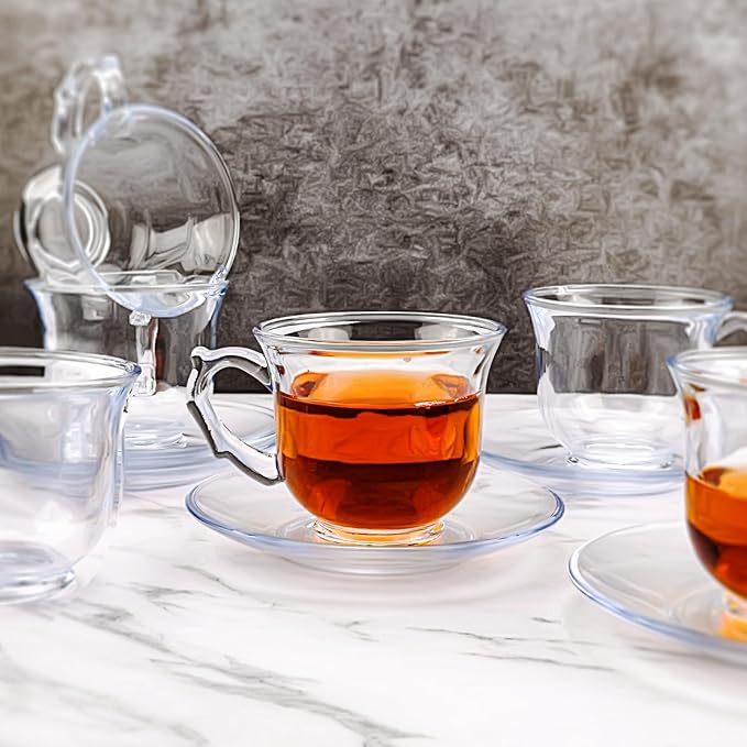 Glass Tea Cups and Saucers Set of 6 - Glass Coffee Mugs -Teacups for Espresso Cappuccino Latte Tea - Dishwasher Microwave Safe (8 OZ /240 ML)
