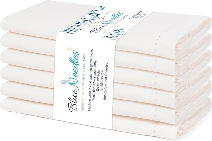 Blue Needles Set of 6 Hemstitch Linen Napkins 100% Cotton Cream Cloth Dinner Napkins 18x18 inches, Soft, Reusable, Absorbent, Washable, Ideal for Wedding Events, Parties & Everyday Use