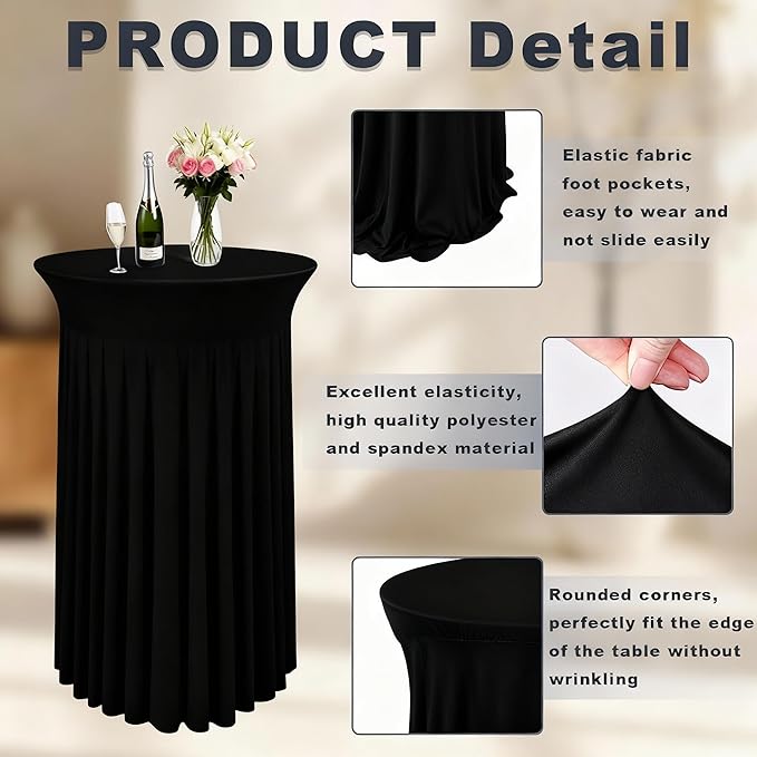6 Pcs Black Spandex Stretch Round Cocktail Table Skirt, 32x43 Inch High Top Table Covers, Fitted Table Cloths for Wedding, Bar, Banquet, Party Decor & Event Supplies