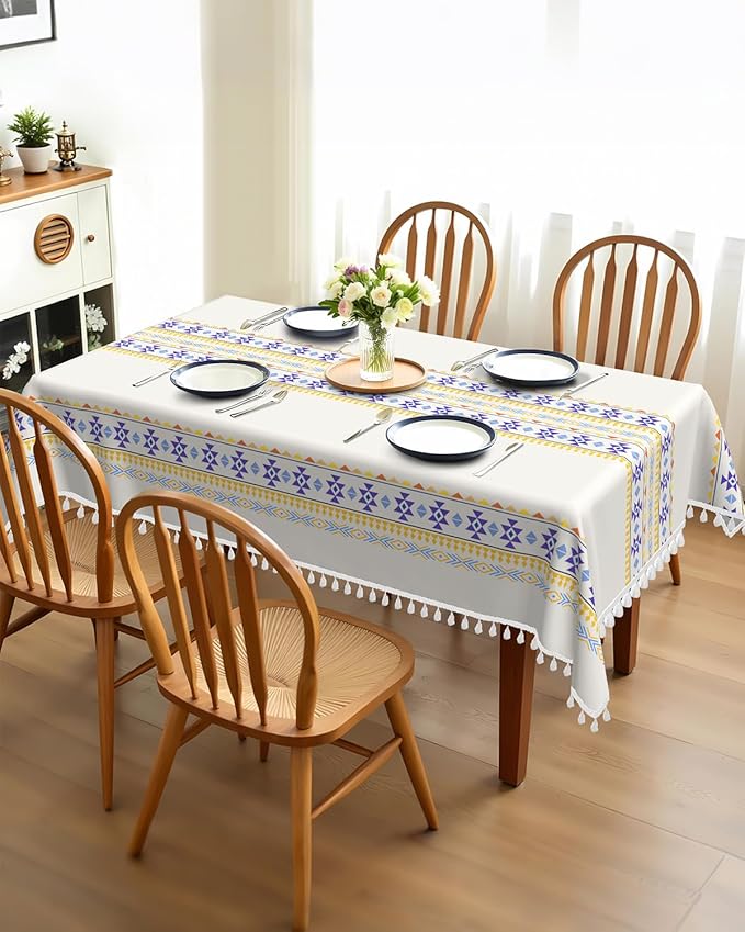 Bohemian Linen Rectangle Tablecloth 60''x 102'', Boho Tassels Table Cloth, Farmhouse Dining Table Cover Waterproof & Wrinkle Free for Kitchen, Holiday, Party, Picnic