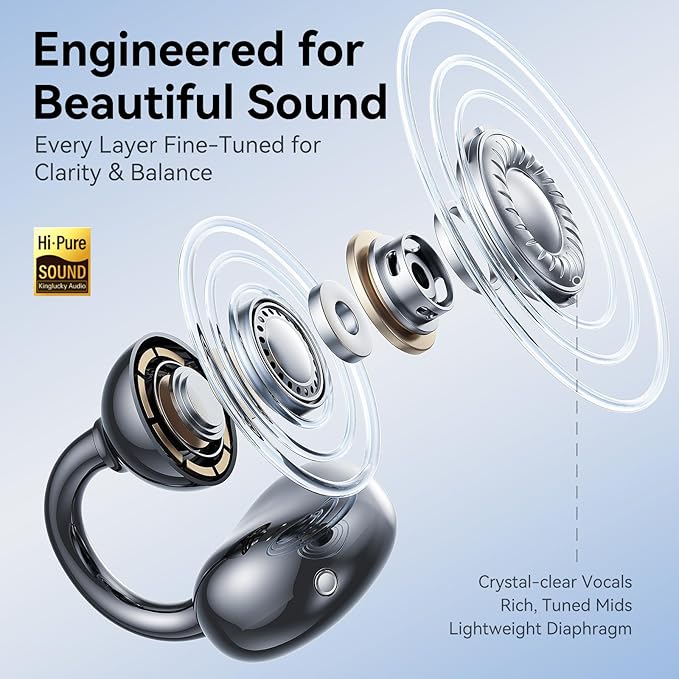 Kinglucky ClipFree A20 Open-Ear Earbuds with Butterfly Earrings, Secure & Comfort Fit, Premium Sound Clip-On Earbuds with Digital Display, 50H Playtime Bluetooth 5.4 Wireless Headphones Black