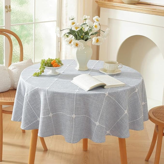 Zobesta Linen Blue Table Cloth Round Tablecloth Gingham 53 inch, Washable Farmhouse Soft Boho Round Table Cloth for Outdoor, Party, Holiday, Picnic, Dining