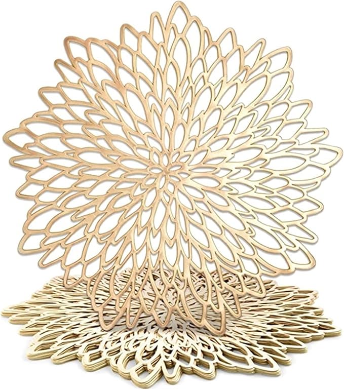 10CM Hollow Out Coaster PVC Flower Round Irregular Cup Coasters Pads for Kitchen Wedding Party Home Decor(Gold,4 Pcs)