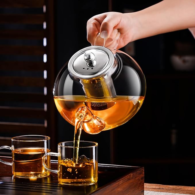 PARACITY Glass Teapot Stovetop 40 OZ/1200ml, Borosilicate Clear Tea Kettle with Removable 18/8 Stainless Steel Infuser, Teapot Blooming and Loose Leaf Tea Maker Tea Brewer for Camping, Travel