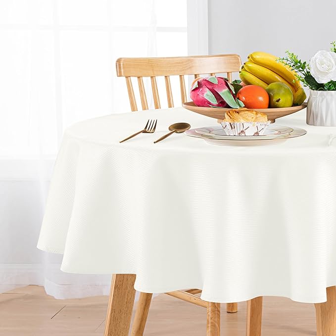 Hiasan Round Textured Tablecloth 50 Inch - Waterproof Spillproof Antiwrinkle Jacquard Table Cloth, Decorative Polyester Table Cover for Kitchen, Outdoor Picnic, Holiday and Parties, Ivory