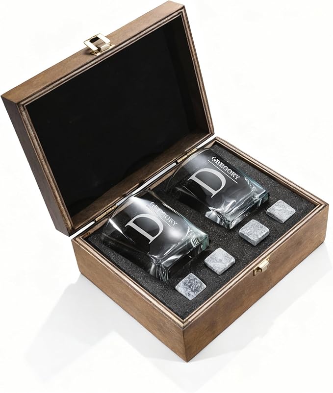 Personalized Whiskey Glass Gift Set – 10.25 oz Engraved 2 Bourbon Glass & 4 Stones & 2 Wooden Coaster with Wooden Box,Old Fashioned Cocktail Glass,Groomsmen & Father’s Day Gift