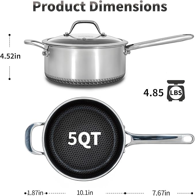 Hybrid Nonstick 5 QT Stockpot with Lid Two Handles, Stainless Steel Stockpot with Honeycomb Texture,Compatible with All Cooktops,Dishwasher and Oven Safe