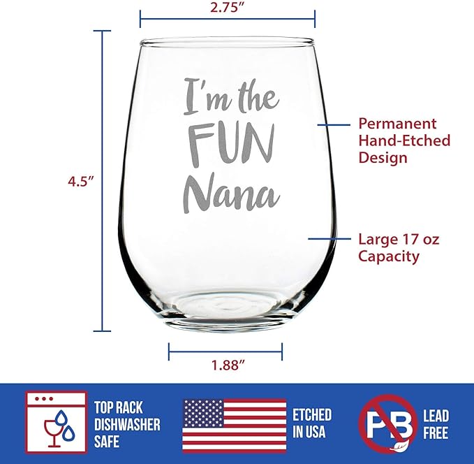 Bevvee Fun Nana - Funny Stemless Wine Glass, Large Glasses, Etched Sayings, Gift Box