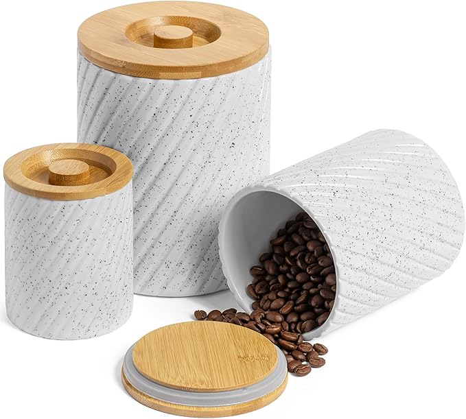 Ceramic Canister Set for Kitchen Countertop & Pantry – 3 Airtight Food Storage Containers for Flour, Sugar & More – Durable White Ceramic with Bamboo Lids