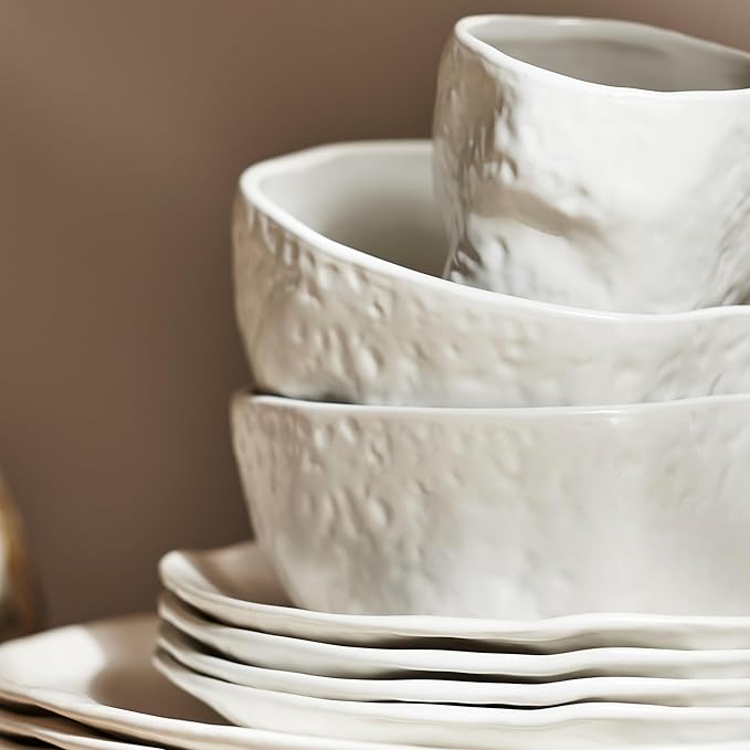 Stone by Mercer Project Atik Modern Stoneware 32-Piece Dinnerware Set, Plate and Bowl Set, Dish set for 8, White