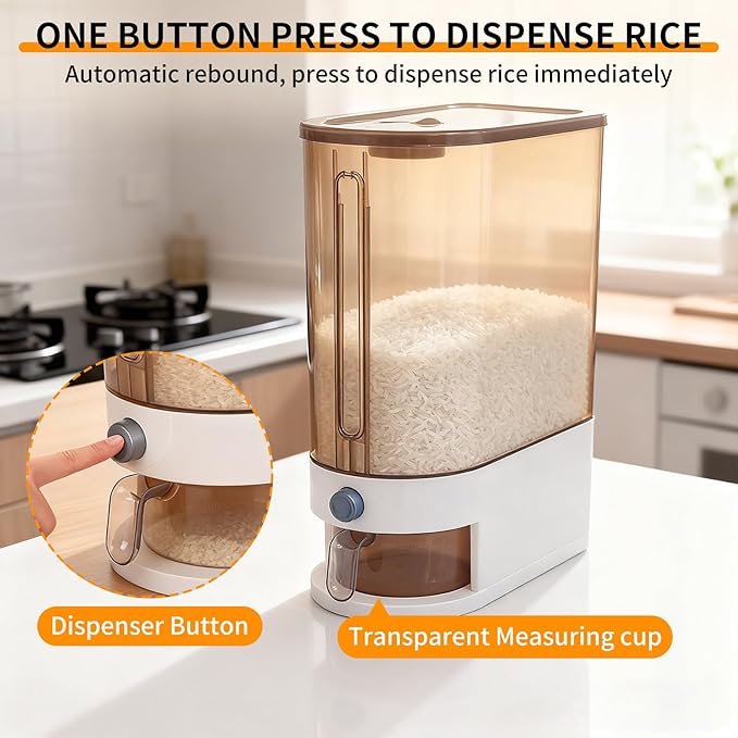 Rice Storage Container, Airtight Food Storage Bin with Dispenser, Moisture-Proof Cereal Container for Kitchen Organization, Space-Saving (22 Lbs)