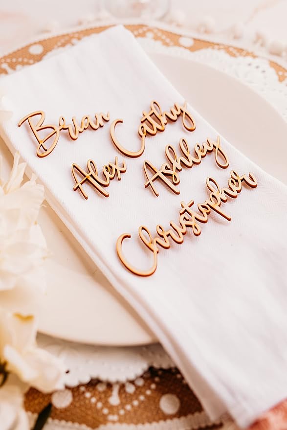 Customized Wooden Name Tags for Place Setting, Personalized Place Cards for Weddings, Bridal Showers and Events, Cursive Laser Cut Seating Cards