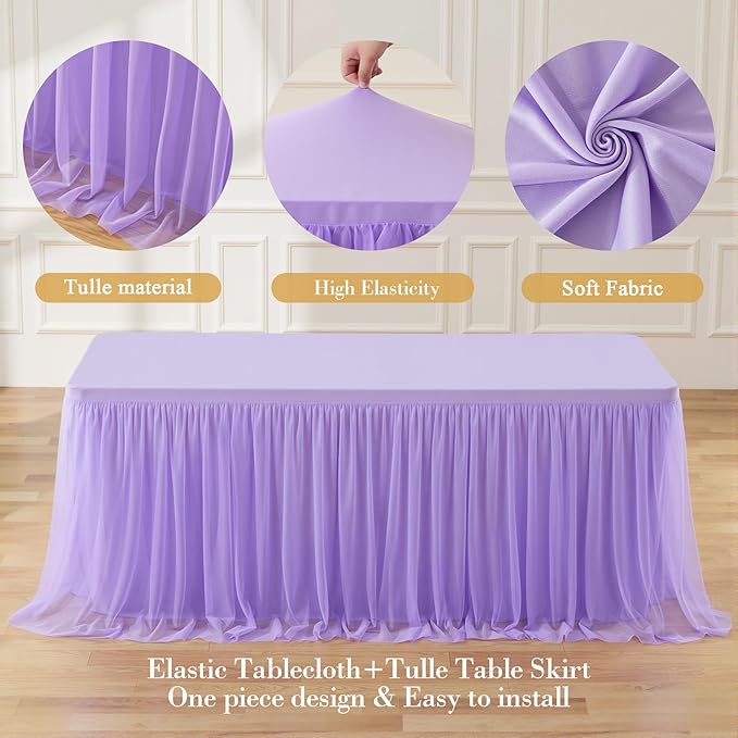 Lavender Tulle Tablecloth for 8 Foot Rectangular Table 8ft Light Purple Rectangle Table Cloth Wrinkle Free Tablecover with Tutu Skirt for Wedding Birthday Party Baby Shower Banquet Buffet Cake Event