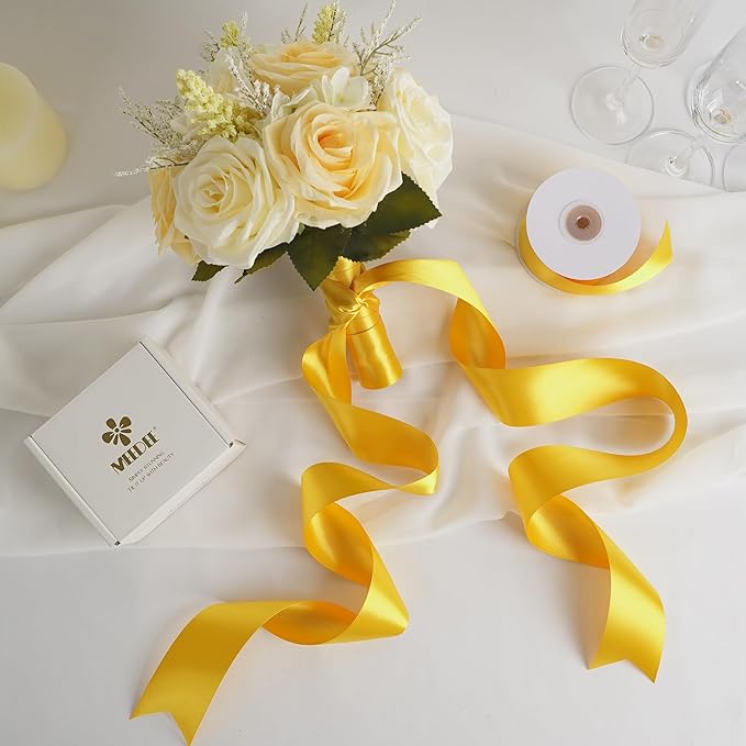 MEEDEE Satin Ribbon - 25 Yards Yellow Double Faced Satin Ribbon for Christmas Tree, Thanksgiving Decorating, Wreaths, Bows, Crafts, Weddings, Flower Bouquets