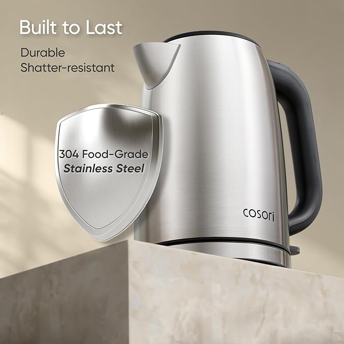 COSORI Electric Kettle, Plastic-Free Interior, 2 Lid Opening Angles, Easy to Clean, Automatic Shut Off & Boil-Dry Protection, Stainless Steel Tea Kettle, Hot Water Boiler & Heater, 1.7L, 1500W