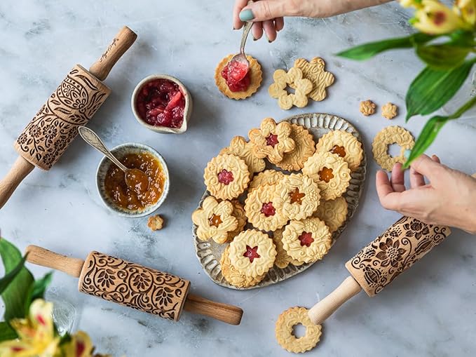 SPRING FLOWERS Embossing Rolling Pin with 16 Different Flowers in Squares. Dough and Clay Roller for Embossed Cookies and Pottery. Cookie and Ceramic Stamp. Baking Gifts for Women by Algis Crafts