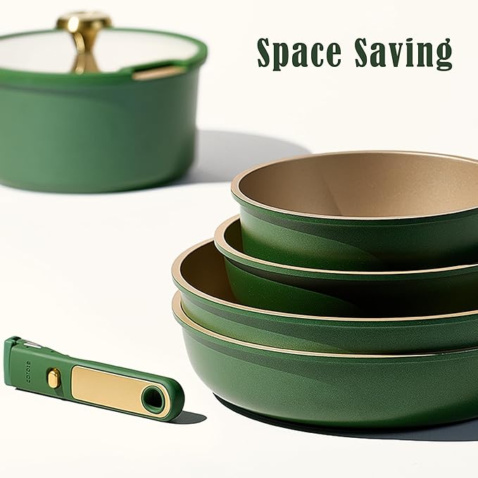 CAROTE Green&Gold Nonstick Cookware Set,15Pcs Pots and Pans Set Non Stick Detachable/Removable Handle,Kitchen Cooking Set Dishwasher Safe, RV Kitchen Pot and Pan, Induction Cookware