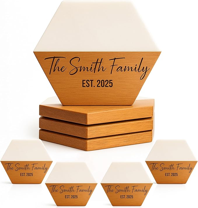 Personalized Wooden Coasters – Handmade Drink Coaster, Custom Wedding, Anniversary, Engagement, Housewarming, New Home, Newlywed, Bridal Shower Gift for Couple, Valentines Day Gifts for Her, Him