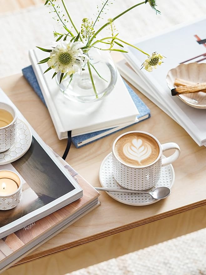 LE TAUCI Stackable Cappuccino Cups with Saucers and Stand, Set of 4, 6 oz Ceramic Coffee Cup Set for Espresso Au Lait, Flat White, Tea, Americano, Dishwasher & Microwave Safe, Embossed, White