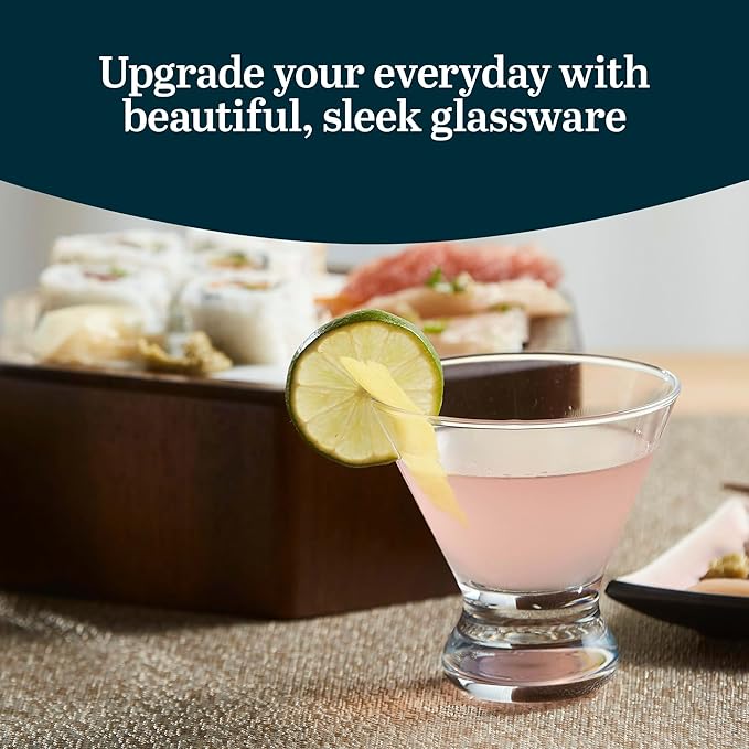 Libbey Cosmopolitan Stemless Martini Glasses Set Of 12, Dishwasher Safe Holiday Martini Glass, Lightweight Cocktail Glass Set for Wedding Party