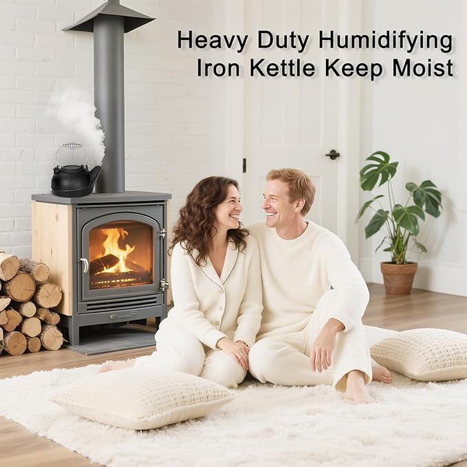 Gtongoko Wood Stove Steamer 3 Quart Cast Iron Humidifier Kettle for Wood Stove, Fireplace Steamer Humidifier with Wide Mouth, Cool-Touch Handle, Home Indoor Decorative Black