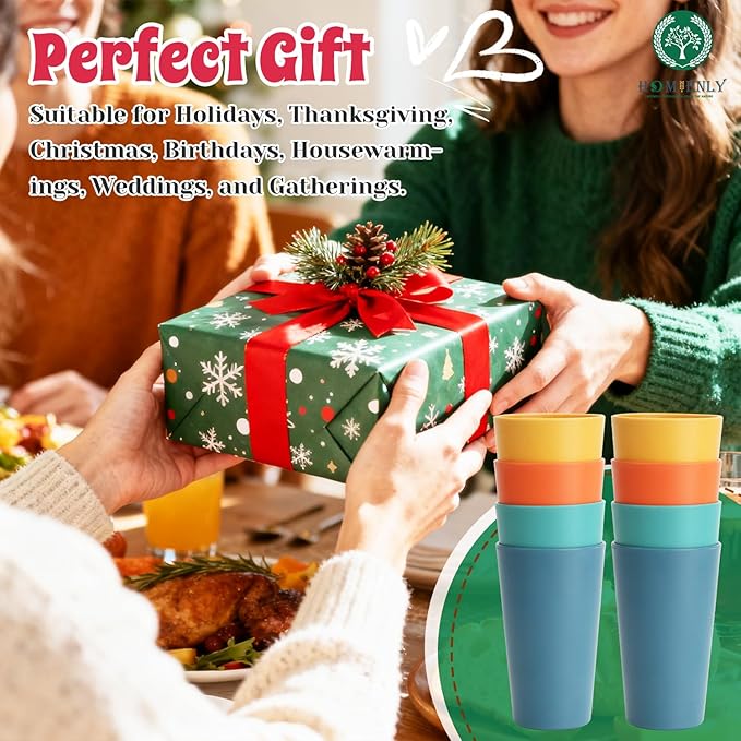 Homienly Reusable Plastic Cups - Wheat Straw Unbreakable Drinking Glasses & Water Glasses | Multi-Color Stackable Plastic Cups, Dishwasher Safe | Glassware & Cup Sets for Kitchen (20 oz 8-Pack)
