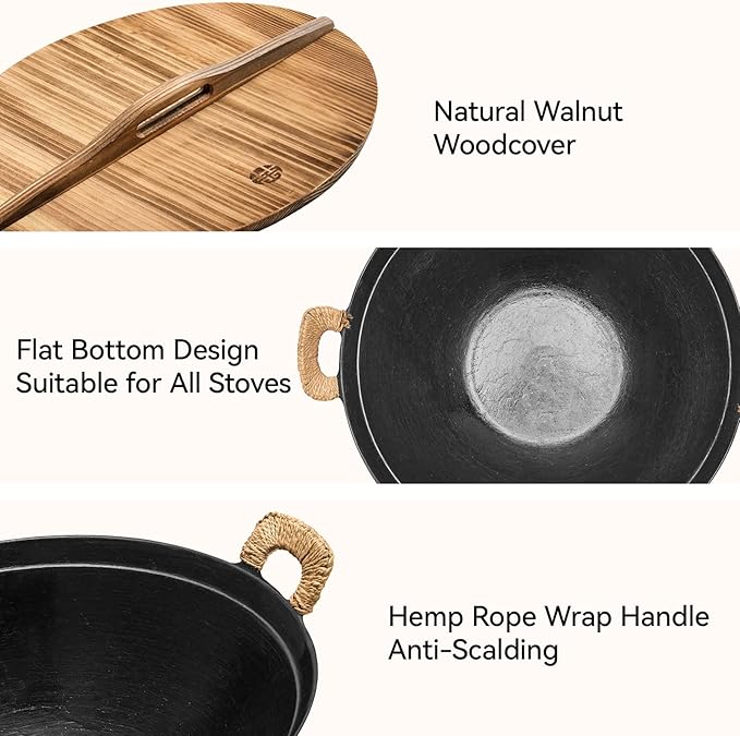 WANGYUANJI 14.2" Cast Iron Wok with Lid, Dual Handles - Flat Bottom Chinese Stir Fry Pan for Induction & Gas Stoves - Traditional Handcrafted Turtle Shell Texture, Uncoated & Non-Toxic