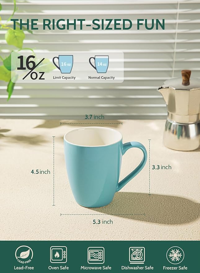 Sweese Porcelain Coffee Mugs - 16 Ounce (Top to the Rim) for Coffee, Latte, Tea, Cocoa, Set of 4, Turquoise