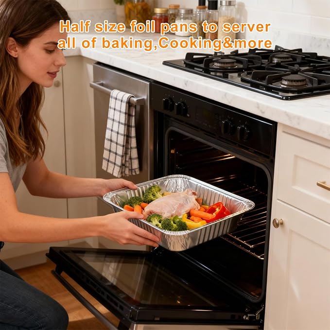 Aluminum Foil Pans Half Size 9x13, Disposable Aluminum Pans Large Baking Pan Trays-Heavy Duty Foil Pans Roasting, Cooking, Heating or Steam (25 pans with lids)