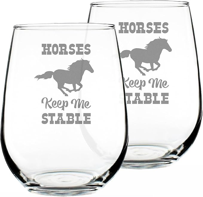 Bevvee Horses Keep Me Stable – Funny Stemless Wine Glass, Large 17 Ounces, Etched Sayings, Gift Box - Set of 2