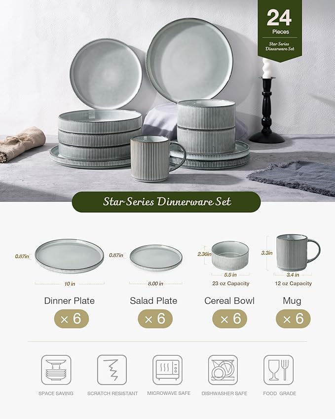 Famiware Star Dinnerware Set with Mugs, Service for 6 (24 Pieces), Ribbed Stoneware Plates and Bowls Dishes Sets - Chip & Scratch Resistant, Microwave & Dishwasher Safe, Smoky Blue