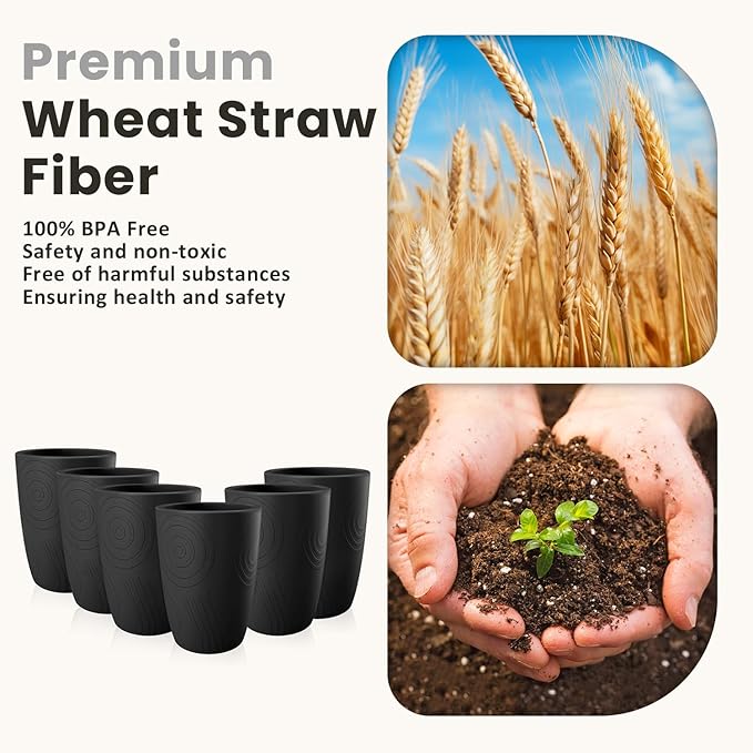 Homienly Wheat Straw Drinkware 12oz Unbreakable Drinking Glasses 6-Piece Stackable Kithen Cups Dishwasher and Microwave Safe Cups for Everyday Family Meals, Entertaining-Black