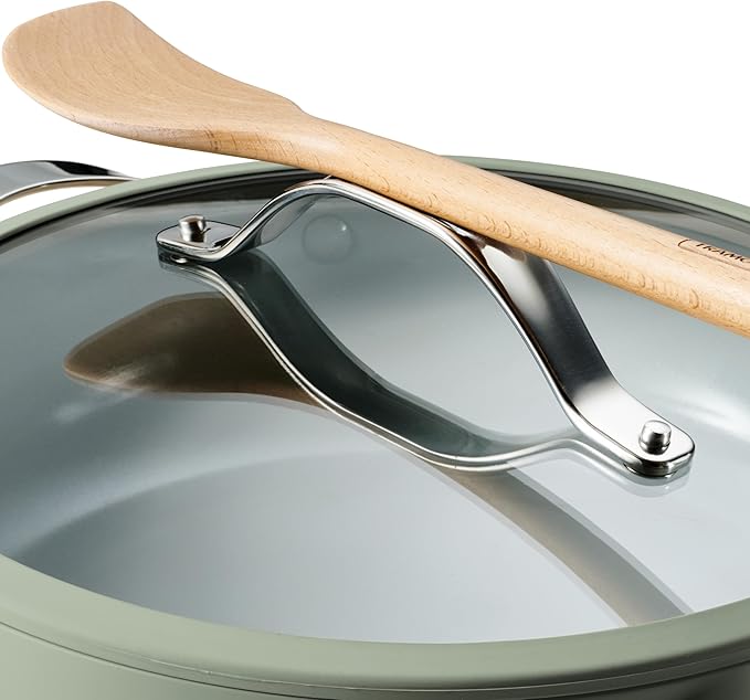 Tramontina Vue All-in-One Plus Pan Set, 5-Quart Ceramic Non Stick Cooking Pan with Glass Lid, Steamer Insert, Beechwood Utensils, Splatter Screen, Pot Holder, Green
