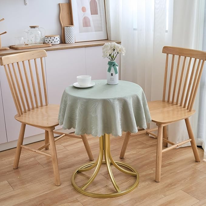 Round Tablecloth Green Small 40 Inch Table cloths Up to 26" Dia Tables Leaves Pattern Scalloped Edge Waterproof Washable Jacquard Table Cover-Kitchen Dining Room Tabletop Decor Coffee Bar