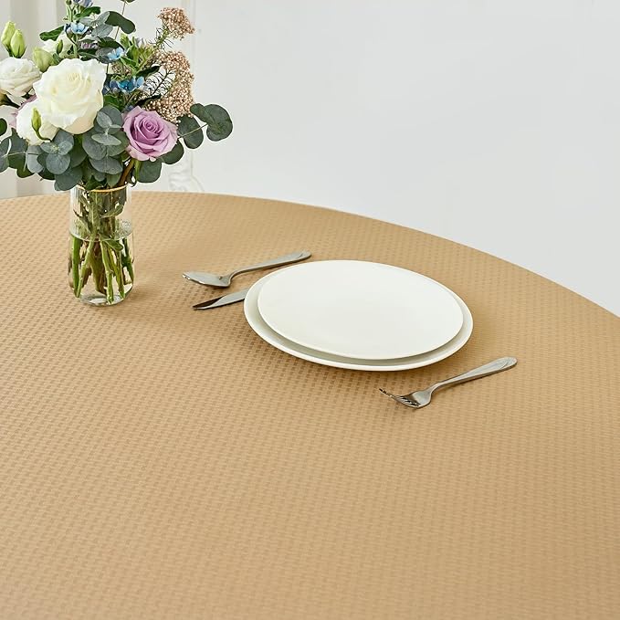 maxmill Round Weaved Texture Design Tablecloth Spill-Proof Wrinkle Free Soft Washable Table Cloth for Circular Table Cover, for Dining Room Buffet Banquet Parties Holiday Dinner, 90 Inch Beige