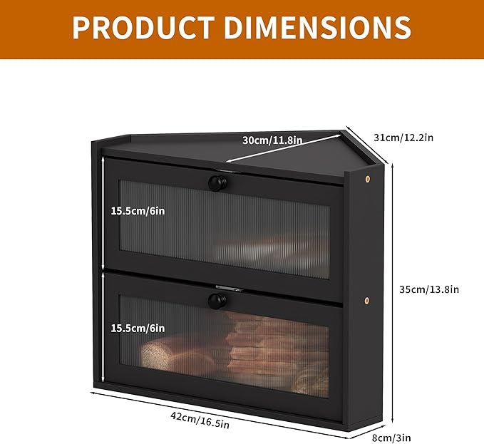 2 Tier Bread Box, Natural Bamboo Wood Bread Storage Container Cabinet with Window for Kitchen Countertop, Space Saver Handmade Sandwich Bread Keeper for Home Bakery (Black Corner Breadbox)