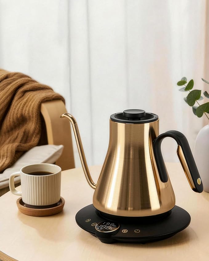 Cocinare FLOW B9 Gooseneck Electric Kettle, Precise Temperature Control for Pour-Over Coffee & Tea Brewing, Stainless Steel Interior, Rapid Heating for Boiling Water 0.9L (Gustav Gold)