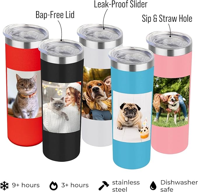 Custom pet picture tumbler with lid, insulated stainless steel 20oz personalized photo thermo cup for animal lovers, drinking glass for cat mom & dog dad, pet loss memorial gift (Pet pictures)