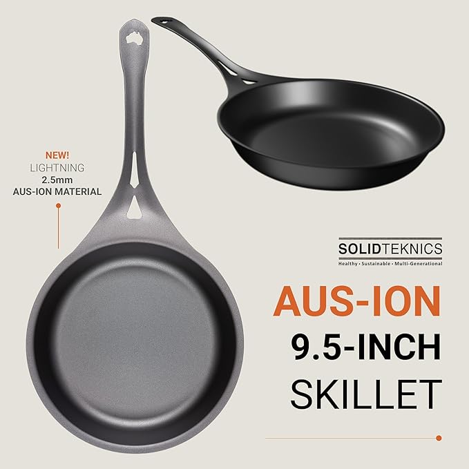 SOLIDTEKNICS AUS-ION Lightning Long Handle Skillet with Lil Flippa & Pan Scraper, 9.5 Inch Naturally Seasoned Versatile Iron Pan for Everyday Frying, Camping, BBQ & Oven Safe Cooking