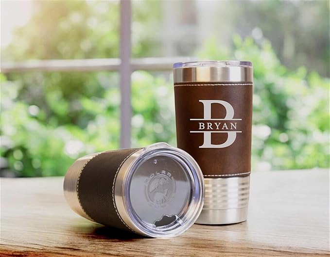 Personalized 20oz Leather Tumbler with Name and Logo, Personalized Stainless Steel Insulated Travel Mug Included Engraving, Custom Travel Mug for Hot & Cold Drinks, Vacuum Insulated